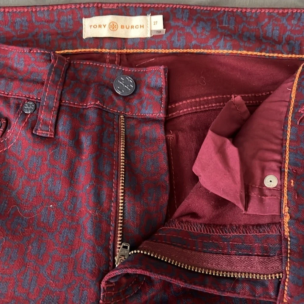 Tory Burch Burgundy/Blue Patterned Jeans Size 27